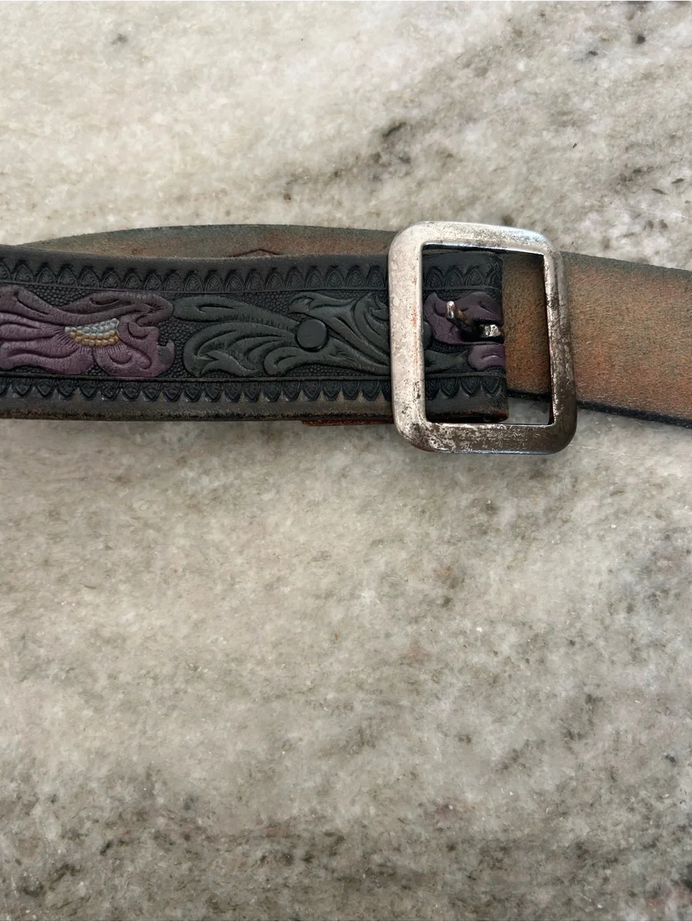 Beth Frank Vintage 1975 -Tooled Floral Leather Belt - stamped 36